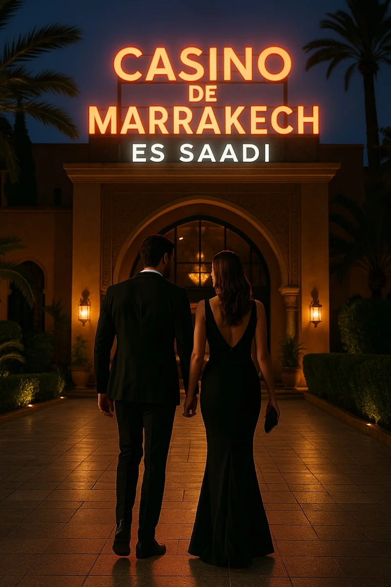 Elegant couple entering Casino de Marrakech under evening lights