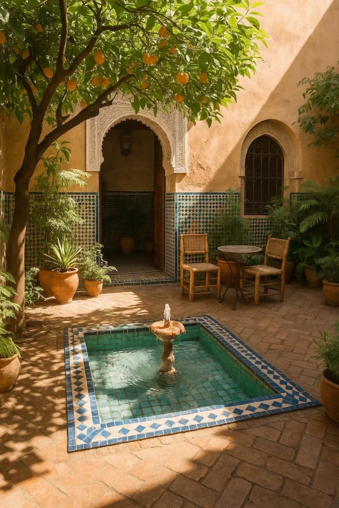 Serene courtyard with an orange tree, tiled fountain, and traditional Moroccan decor in the medina of Marrakesh, offering a hidden peaceful corner away from the busy streets.