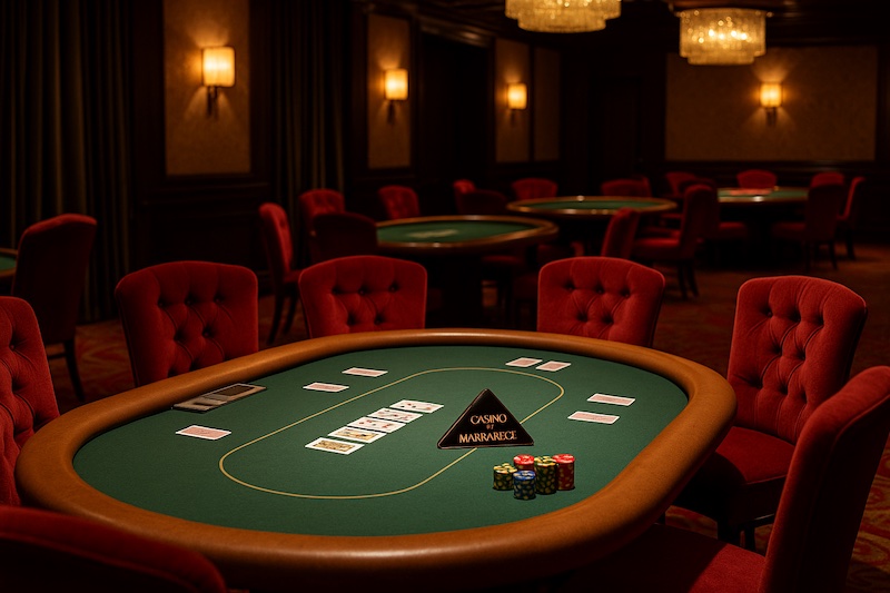 High-end poker table inside Casino de Marrakech with velvet chairs and dim lighting