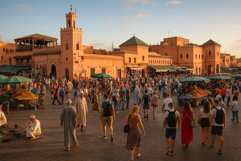 Jemaa el-Fnaa square in the medina of Marrakesh, filled with crowds, market stalls, historic architecture, and lively street performers.