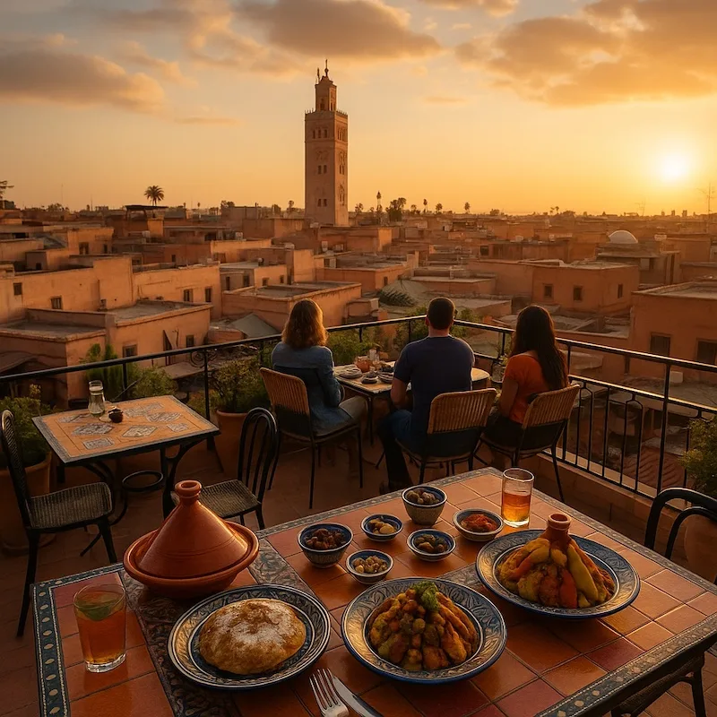 Rooftop restaurant in the medina of Marrakesh at sunset, with traditional Moroccan dishes on the table and a view of the Koutoubia Mosque.