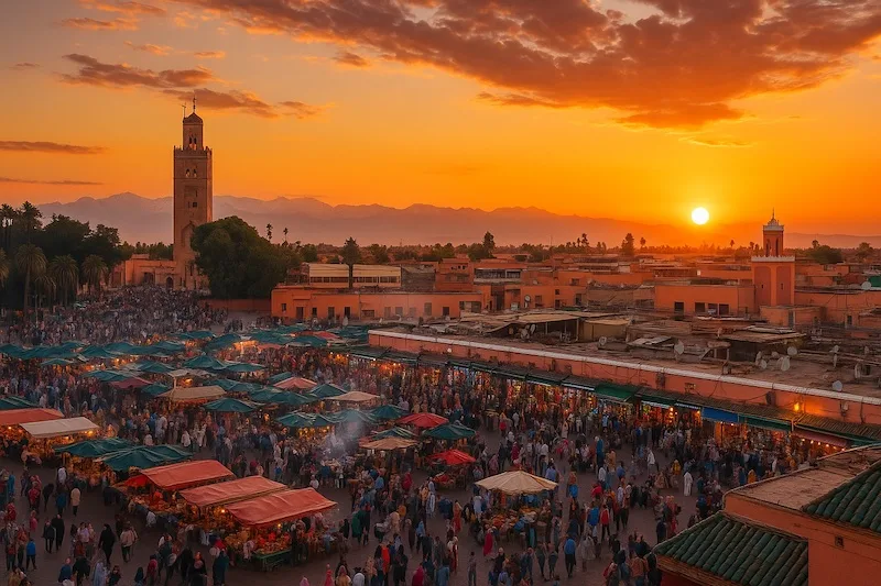 A sweeping sunset view of Marrakech’s cityscape, featuring Jemaa el-Fnaa, bustling markets, Koutoubia Mosque, and the Atlas Mountains, symbolizing the diverse attractions in Marrakech Morocco.