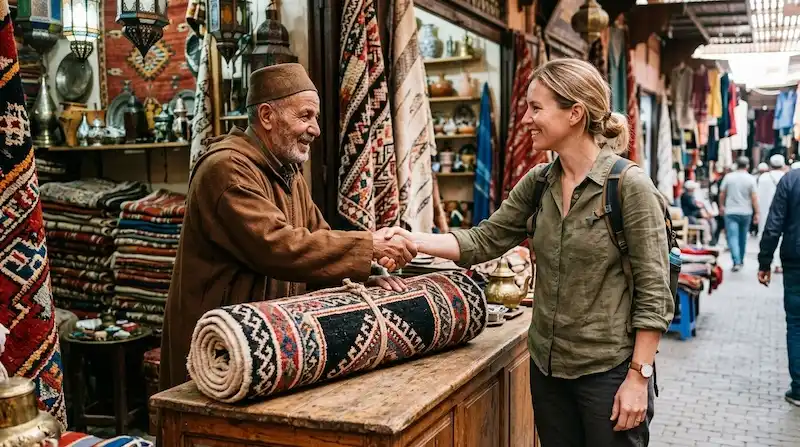 A large Moroccan carpet tightly compressed and vacuum-sealed in clear plastic for travel.