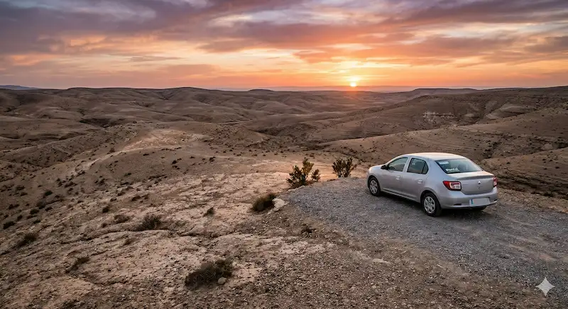 A parked rental car overlooking the dramatic, rocky landscape of the Agafay Desert
