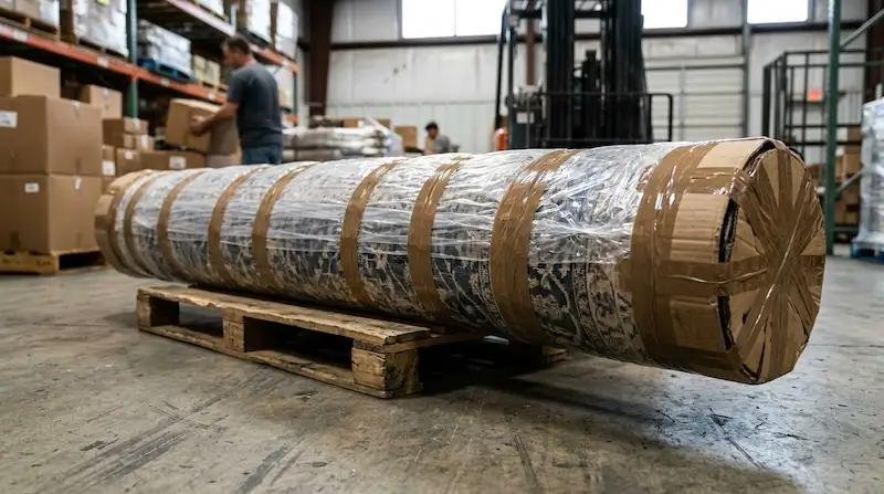 A tightly rolled carpet wrapped securely in heavy-duty plastic and packing tape.