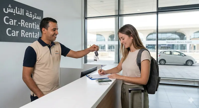 A traveler receiving car keys and signing paperwork at a car rental desk inside Marrakech Menara Airport