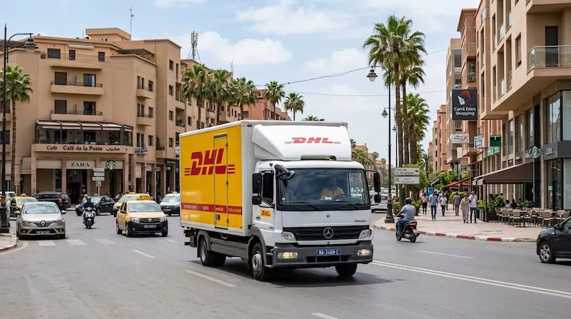 An international courier delivery truck driving through the modern streets of Gueliz.