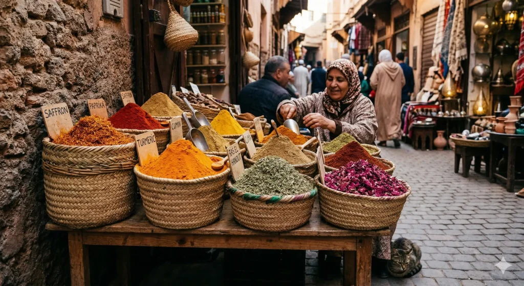 Colorful mounds of spices displayed in traditional woven baskets in the medina.