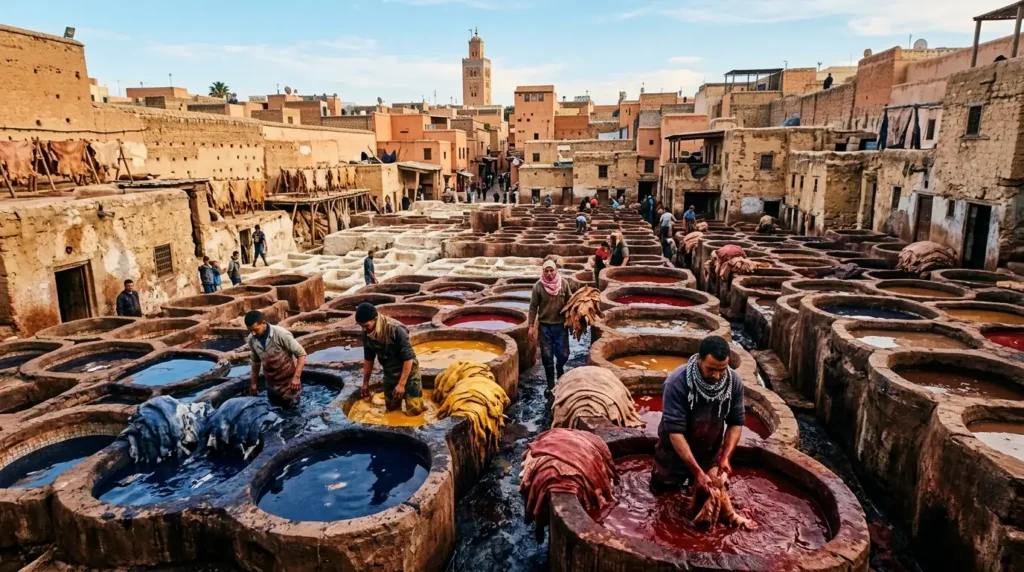 Historic Bab Debbagh tanneries in Marrakech featuring stone vats filled with natural leather dyes