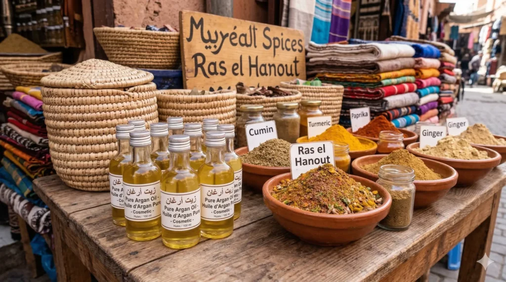 Small bottles of pure cosmetic argan oil displayed next to Moroccan spice blends