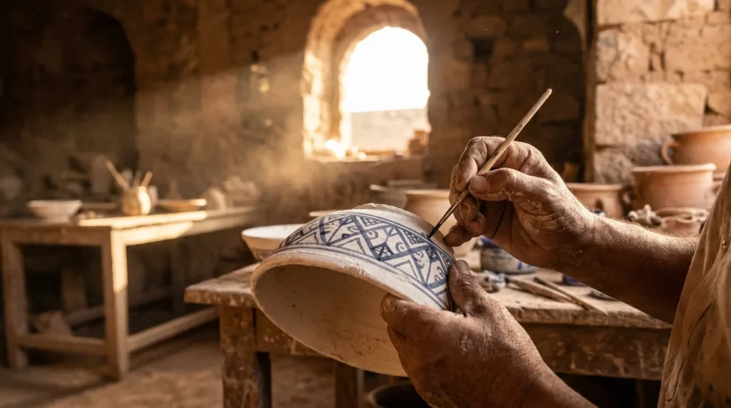 Artisan hands painting traditional cobalt blue geometric patterns on moroccan ceramics
