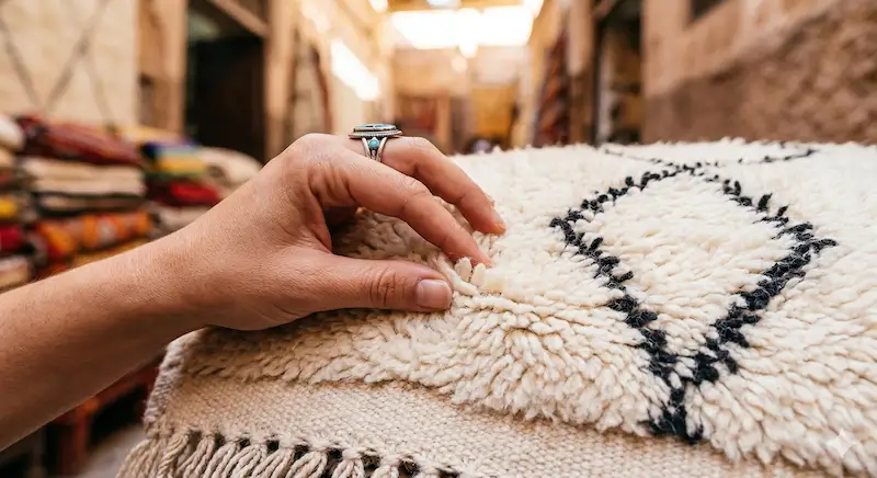 What to Buy in Marrakech Close-up of an authentic white and black Beni Ourain Berber rug being inspected for quality in a Marrakech carpet shop.