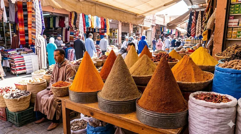 Traditional conical mounds of saffron, cumin, and ras el hanout spices for sale in the Rahba Kedima spice square, Marrakech.