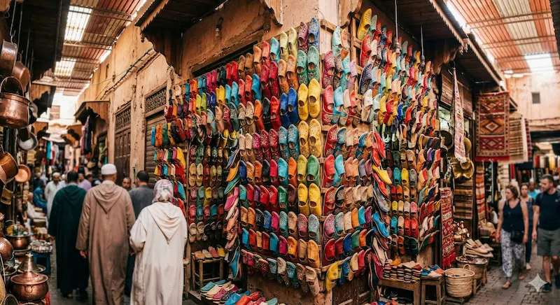 A massive display of traditional Moroccan leather babouches in various bright colors hanging in a Marrakech leather souk.