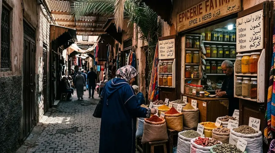 Narrow Marrakech medina alleyway with a small open spice shop and local woman examining goods