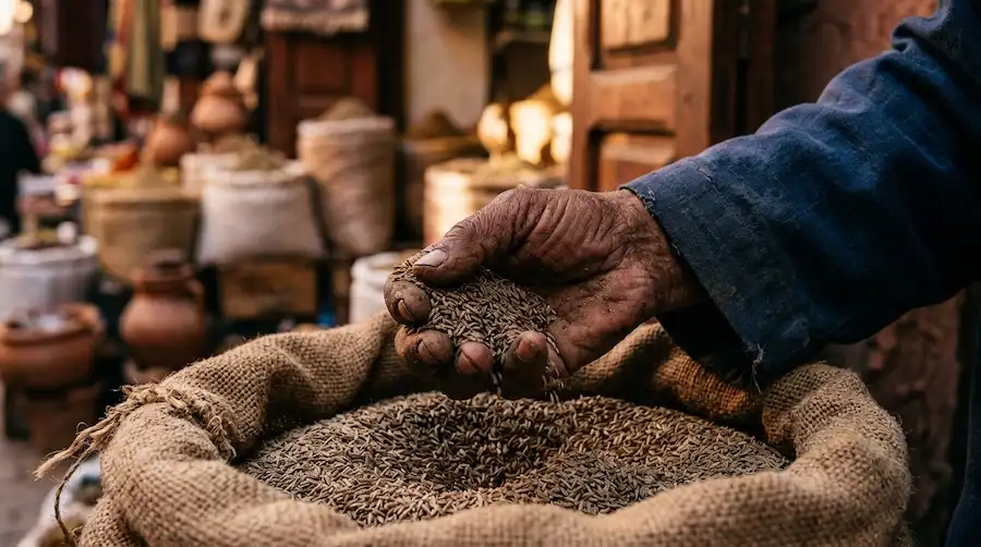 Weathered hands scooping whole cumin seeds from an open burlap sack in a Moroccan souk