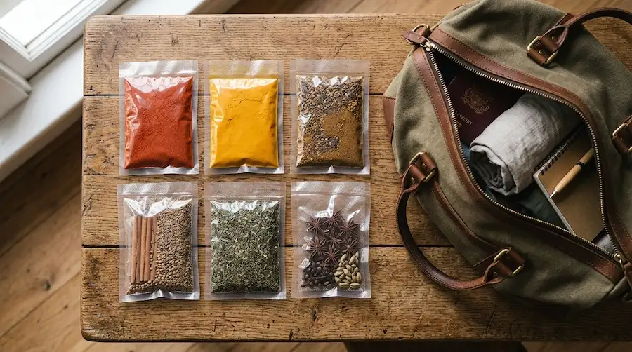 Sealed airtight bags of Moroccan spices arranged on a wooden surface ready for packing