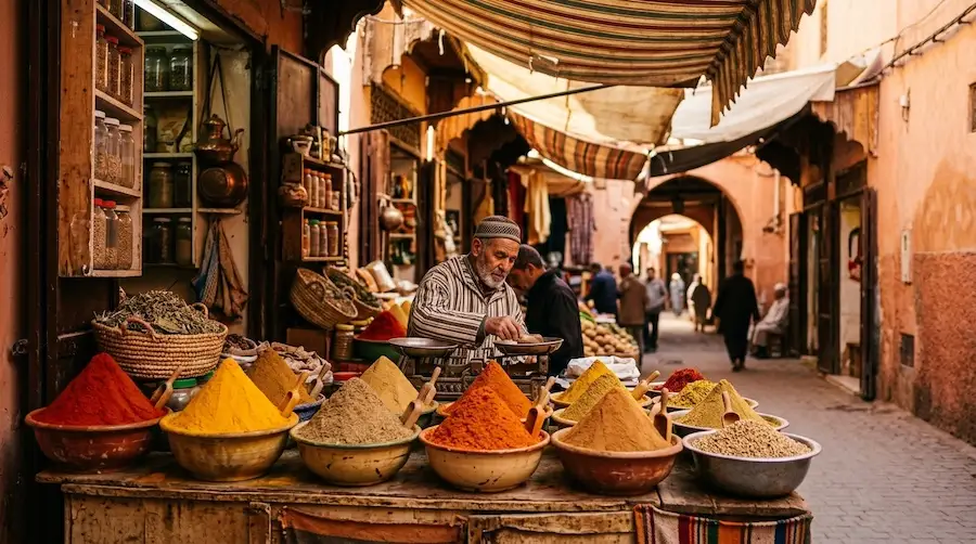 Colorful spice pyramids at a Marrakech market stall in the medina souks