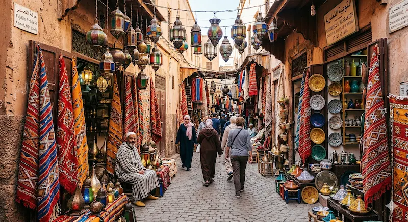 What to Buy in Marrakech A vibrant sunlit alleyway in a Marrakech souk showcasing colorful Moroccan lanterns, hand-woven rugs, and traditional ceramics.