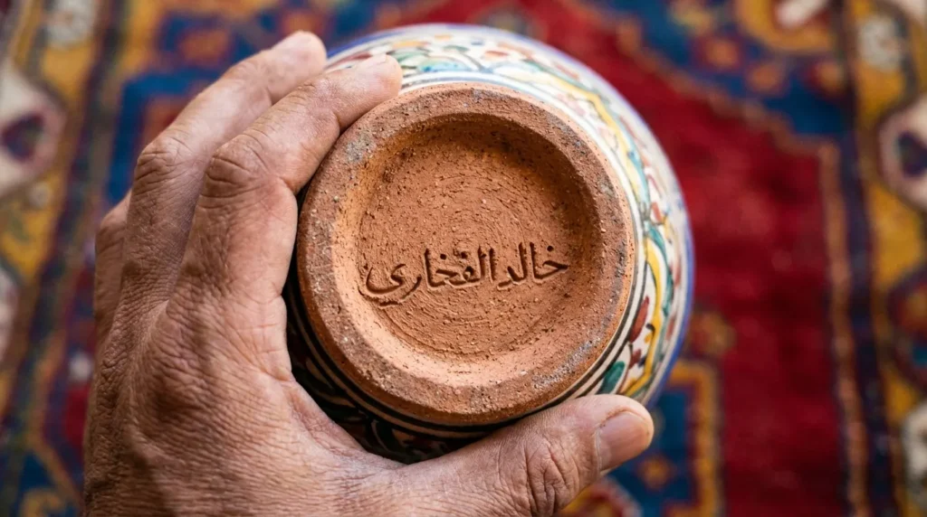 Hand holding a ceramic bowl upside down revealing the artisan signature