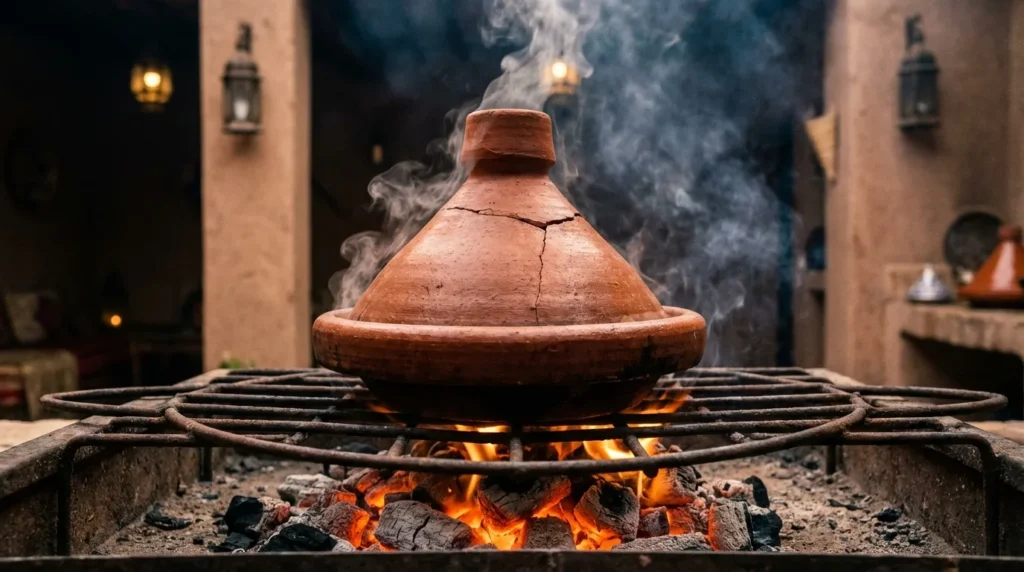 Rustic unglazed terracotta cooking tagine sitting over hot charcoal embers