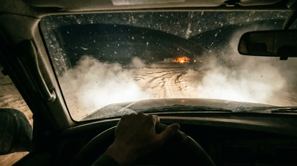 Driver perspective illuminating a dusty unpaved track with car headlights