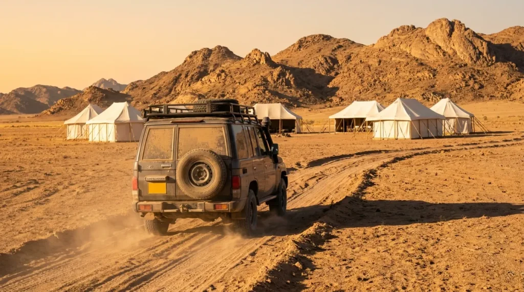White dust swirling behind a rugged 4x4 driving toward luxury tents